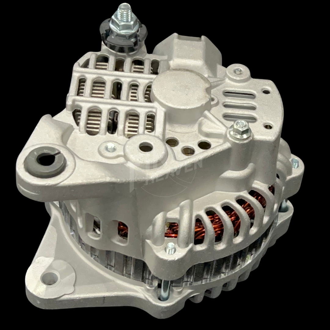 An 80A IC Alternator for vehicles such as 240Zs, Hakosukas, and 510s, featuring a metallic body with cooling fins, terminal connectors, and a fan.