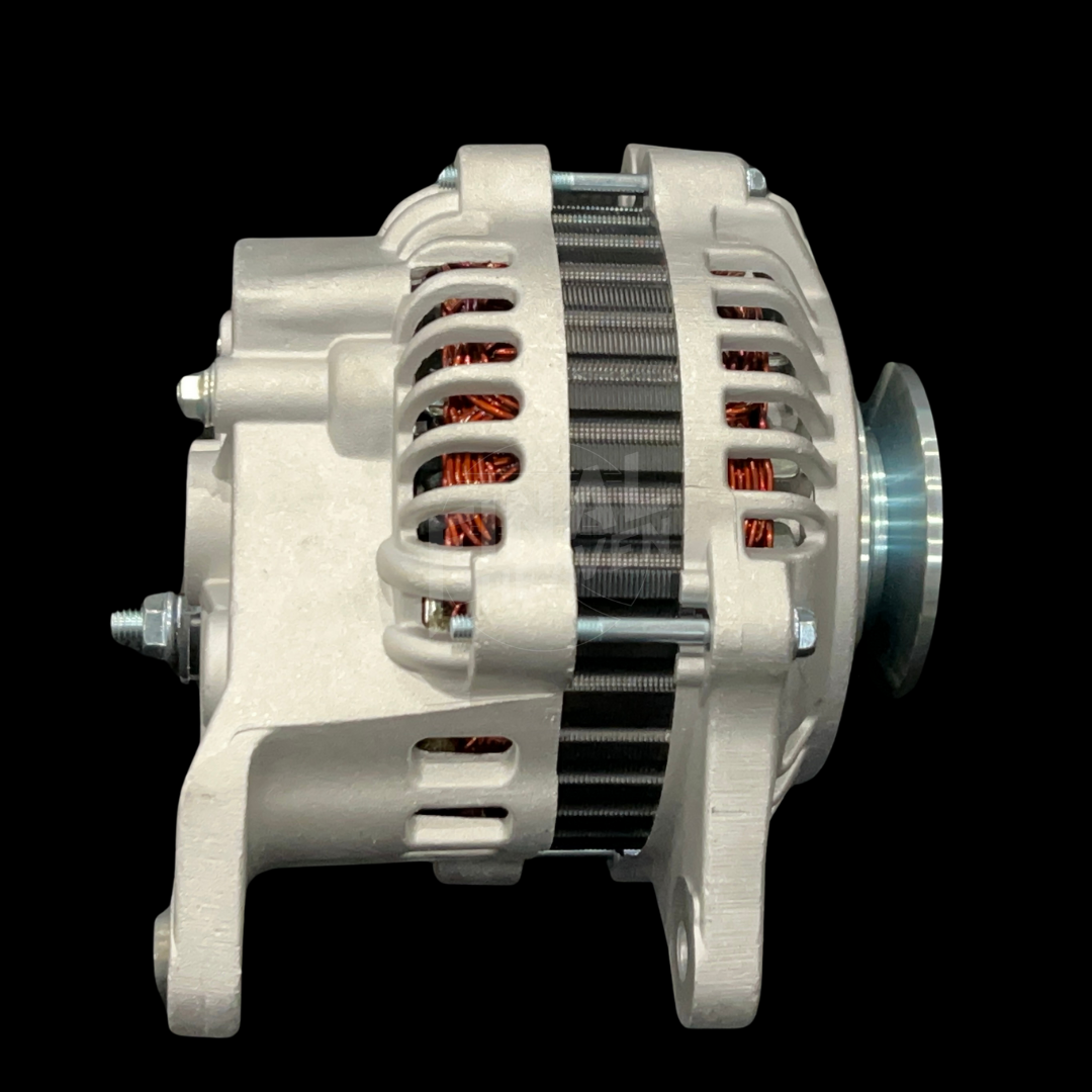 An 80A IC Alternator for vehicles such as 240Zs, Hakosukas, and 510s, featuring a metallic body with cooling fins, terminal connectors, and a fan.