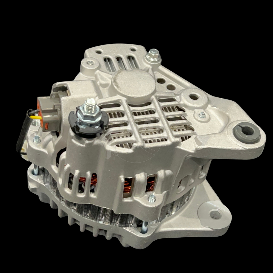 An 80A IC Alternator for vehicles such as 240Zs, Hakosukas, and 510s, featuring a metallic body with cooling fins, terminal connectors, and a fan.