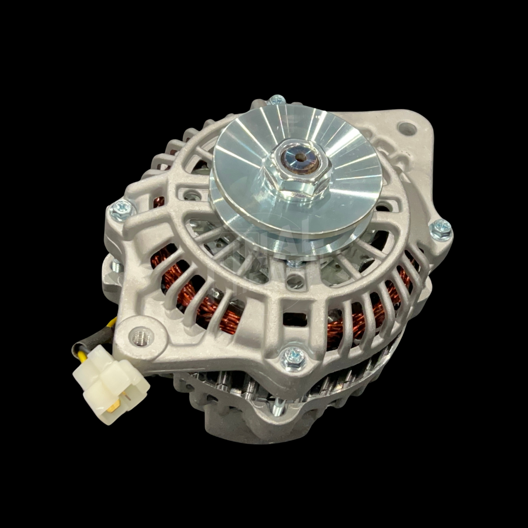 An 80A IC Alternator for vehicles such as 240Zs, Hakosukas, and 510s, featuring a metallic body with cooling fins, terminal connectors, and a fan.