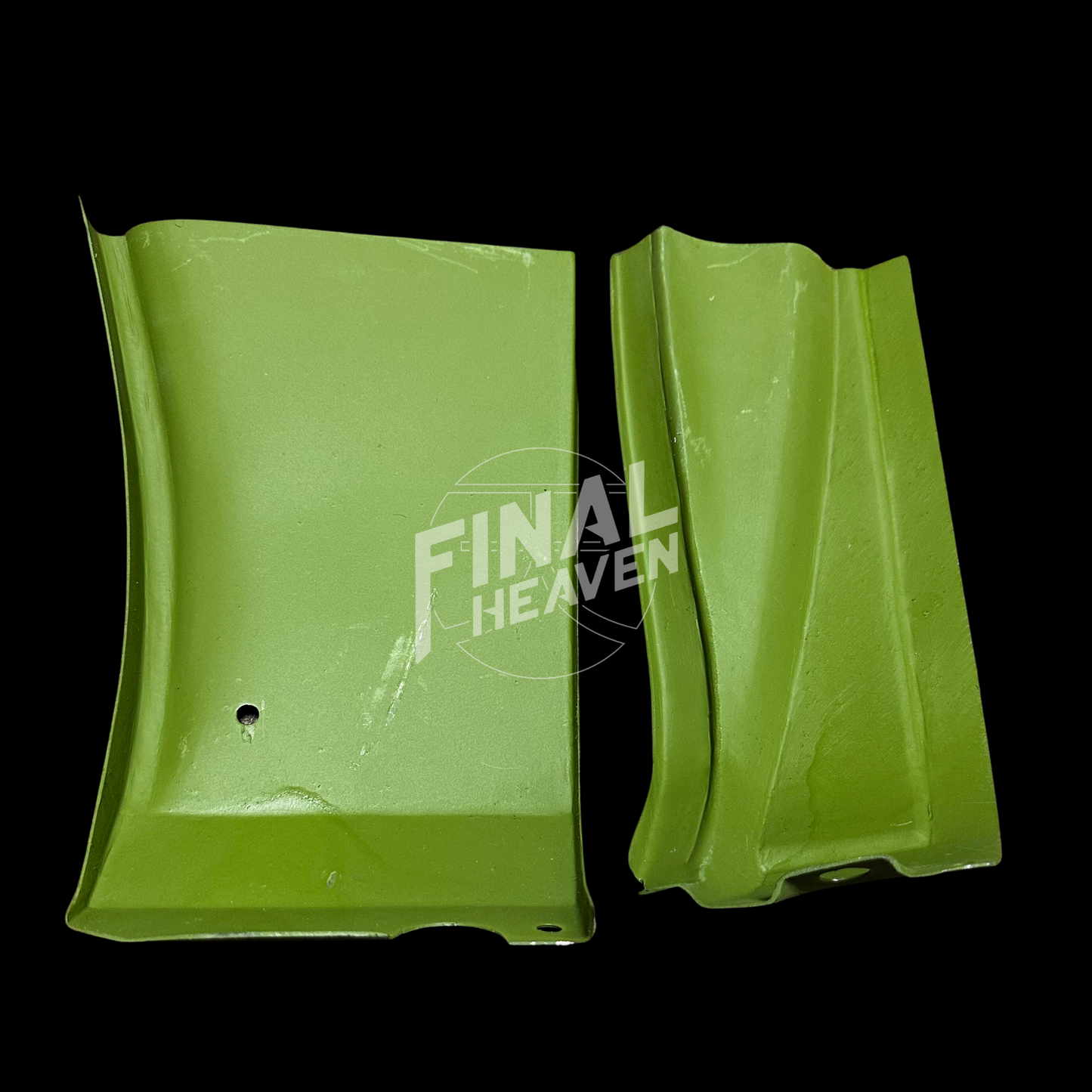 A set of lower front fender rust repair panels for a Datsun 510 2 door sedan or Nissan Bluebird SSS Coupe produced by KF Vintage JDM