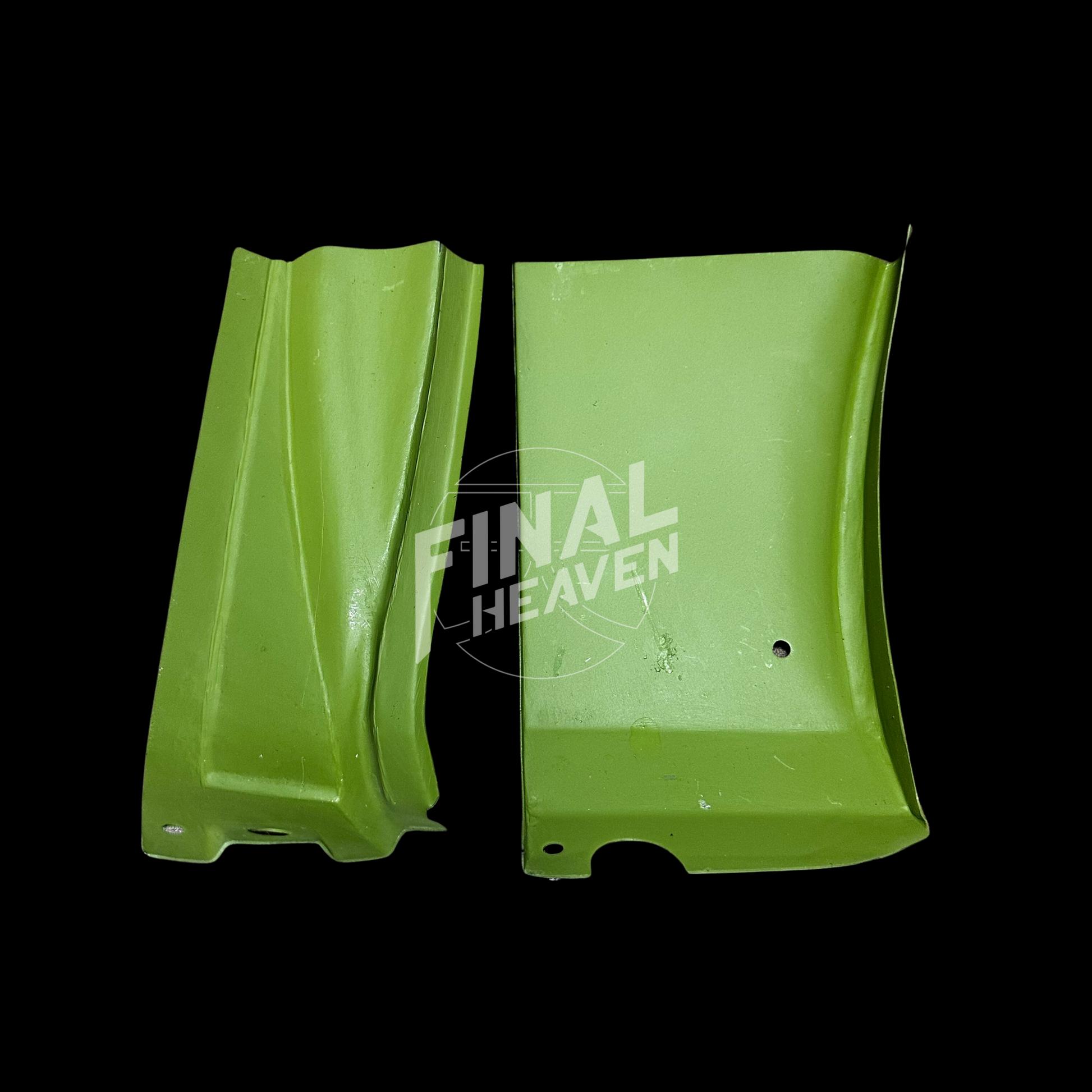A set of lower front fender rust repair panels for a Datsun 510 2 door sedan or Nissan Bluebird SSS Coupe produced by KF Vintage JDM
