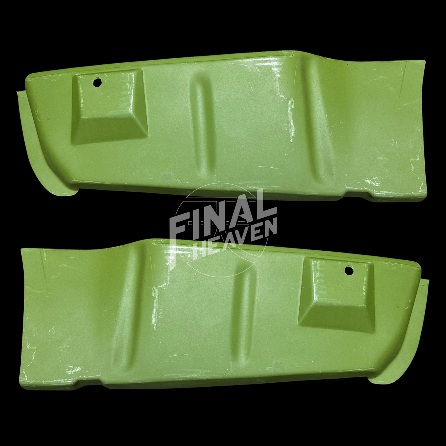 A set of rear bumper side inner rust repair panels for a Datsun 510 2 door sedan or Nissan Bluebird SSS Coupe produced by KF Vintage JDM