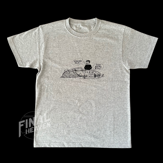 A gray T-shirt with 240Z art designed by Robb Ferguson aka goodshowaa