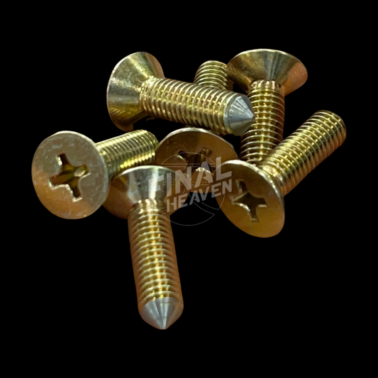 A set of six gold-colored door striker bolts for a Nissan KGC10 Hakosuka 2Dr.