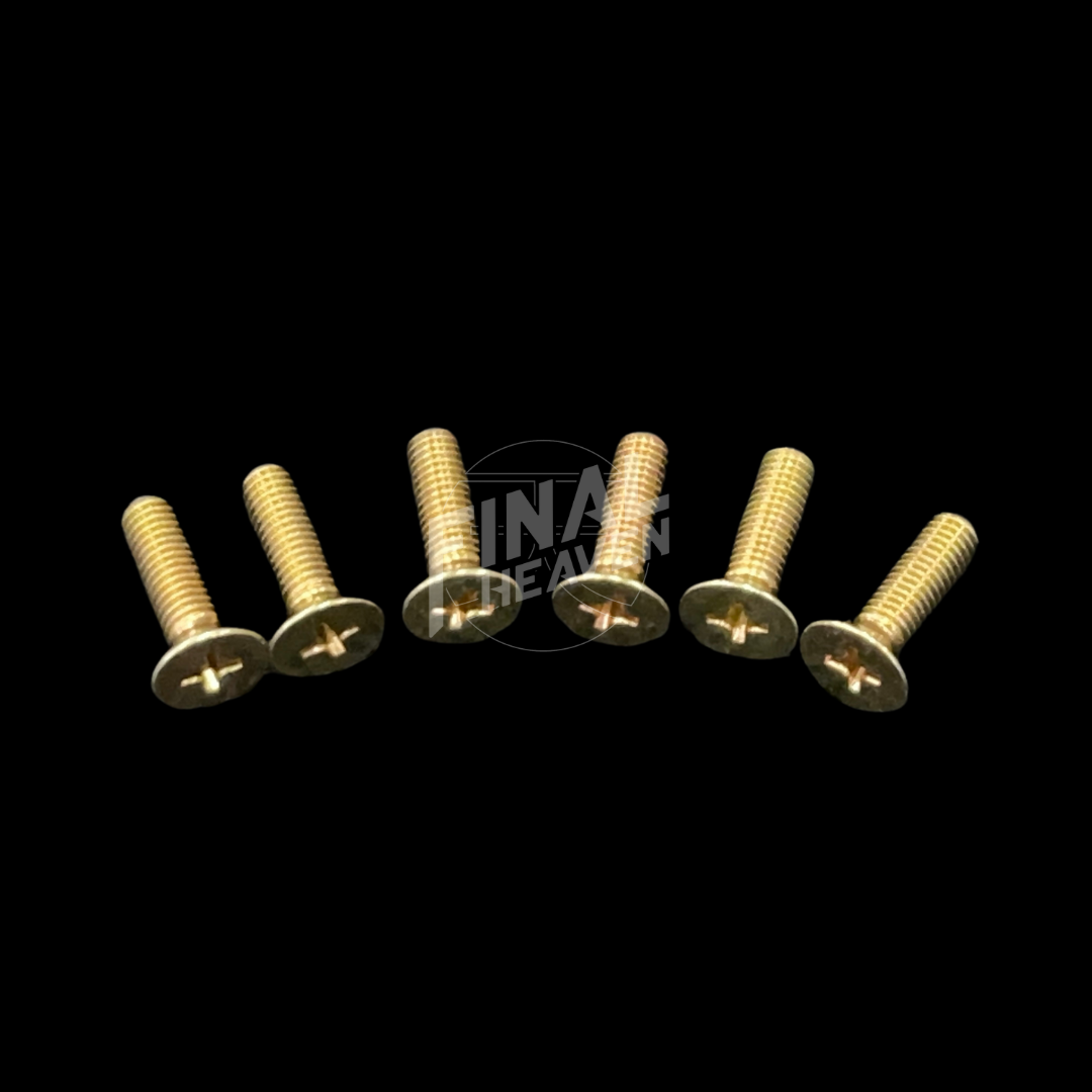 A set of six gold-colored door striker bolts for a Nissan KGC10 Hakosuka 2Dr.