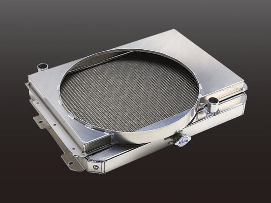 An aluminum 3 core radiator with shroud, designed for high-performance cooling in Nissan Skyline KGC10 Hakosuka and Datsun 240Z