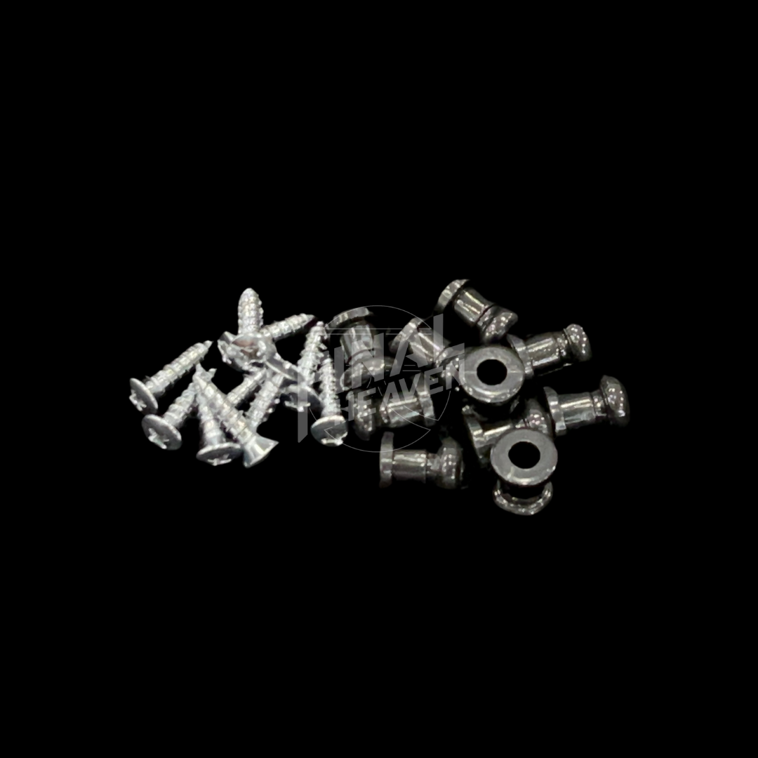 A collection of silver carpet hooks and screws for a Nissan KGC10 Hakosuka Skyline