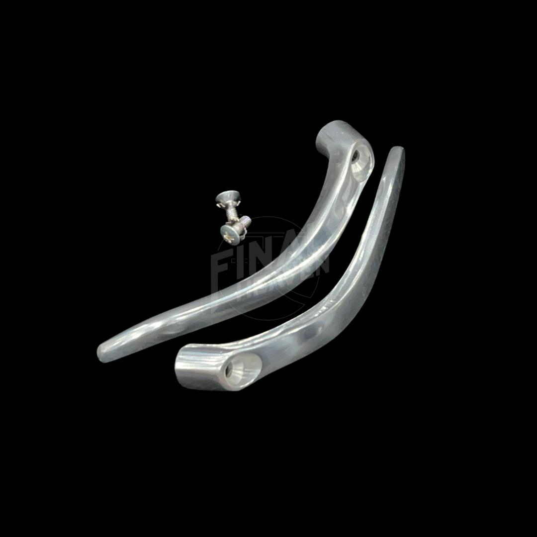 A set of silver inner door handles for a KGC10 Nissan Hakosuka GTX 2Dr, including the handles themselves and mounting screws.