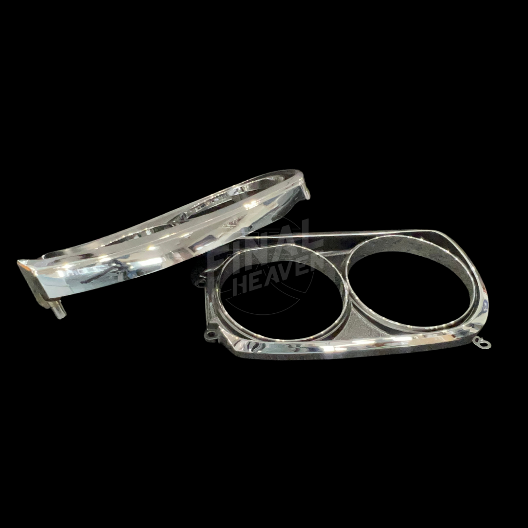 A set of two chrome-plated headlight trims designed for a Nissan Hakosuka Kouki kGC10