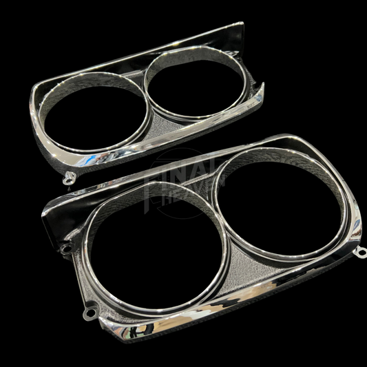 A set of two chrome-plated headlight trims designed for a Nissan Hakosuka Kouki kGC10, featuring a circular light design.