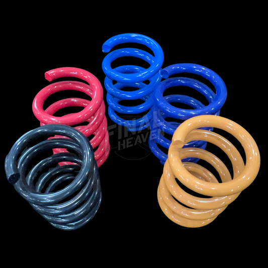 A set of colored rear springs for Nissan Hakosuka, displayed in black, red, light blue, blue, and yellow colors.