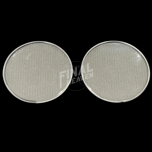 A set of two round gauge lenses with a rubber rim, intended for use in a Nissan Hakosuka instrument cluster.