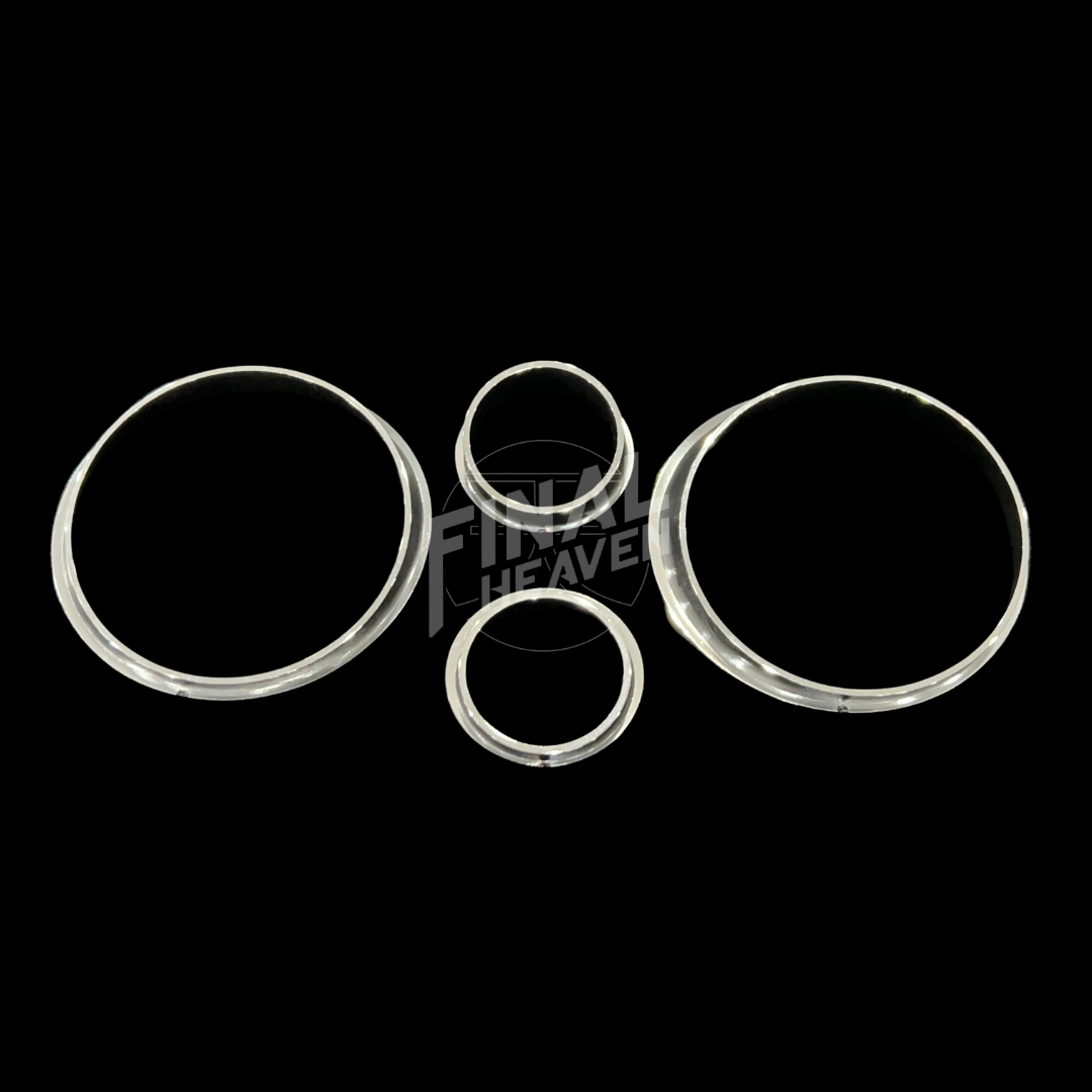 A set of four black gauge trims of varying sizes designed for a Nissan Hakosuka GT/GTX/GT-R.