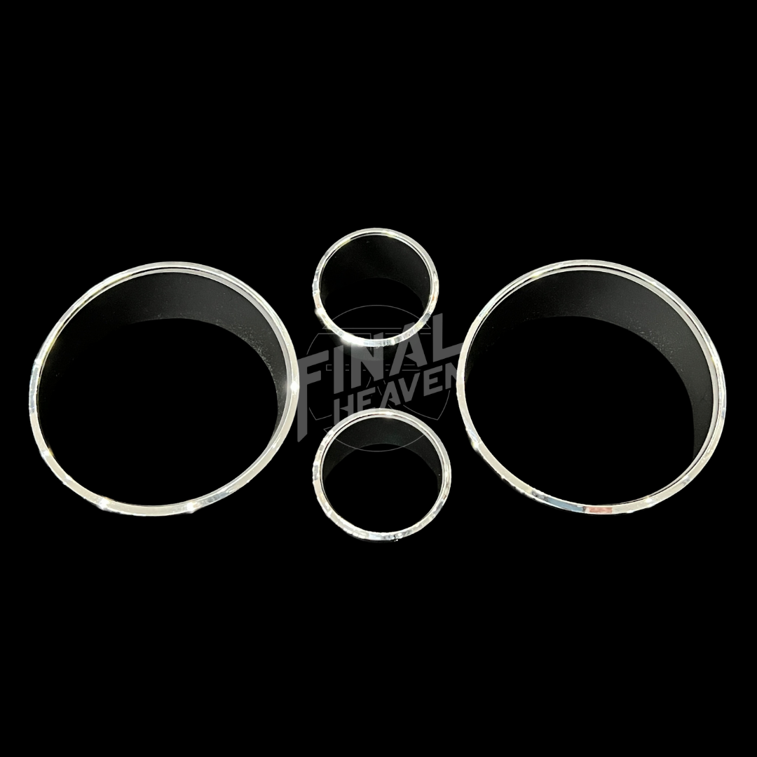 A set of four black gauge trims of varying sizes designed for a Nissan Hakosuka GT/GTX/GT-R.