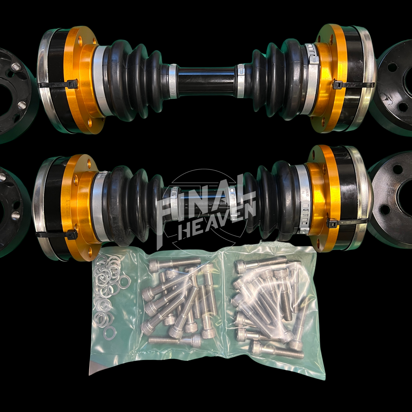 A set of high power CV axles (driveshafts) by ESCORT with accompanying adapters and hardware for Nissan Skyline KGC10 Hakosuka and Datsun 240Z
