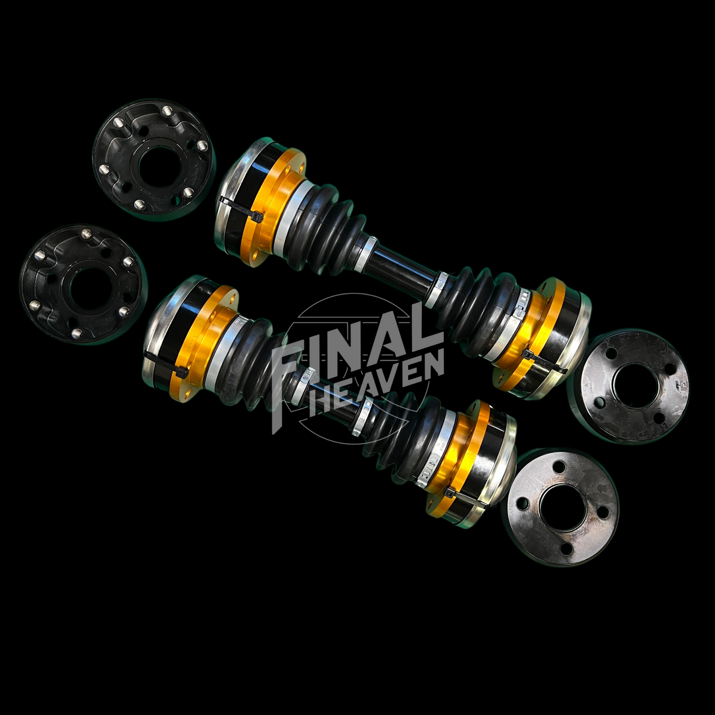 A set of high power CV axles (driveshafts) by ESCORT with accompanying adapters and hardware for Nissan Skyline KGC10 Hakosuka and Datsun 240Z