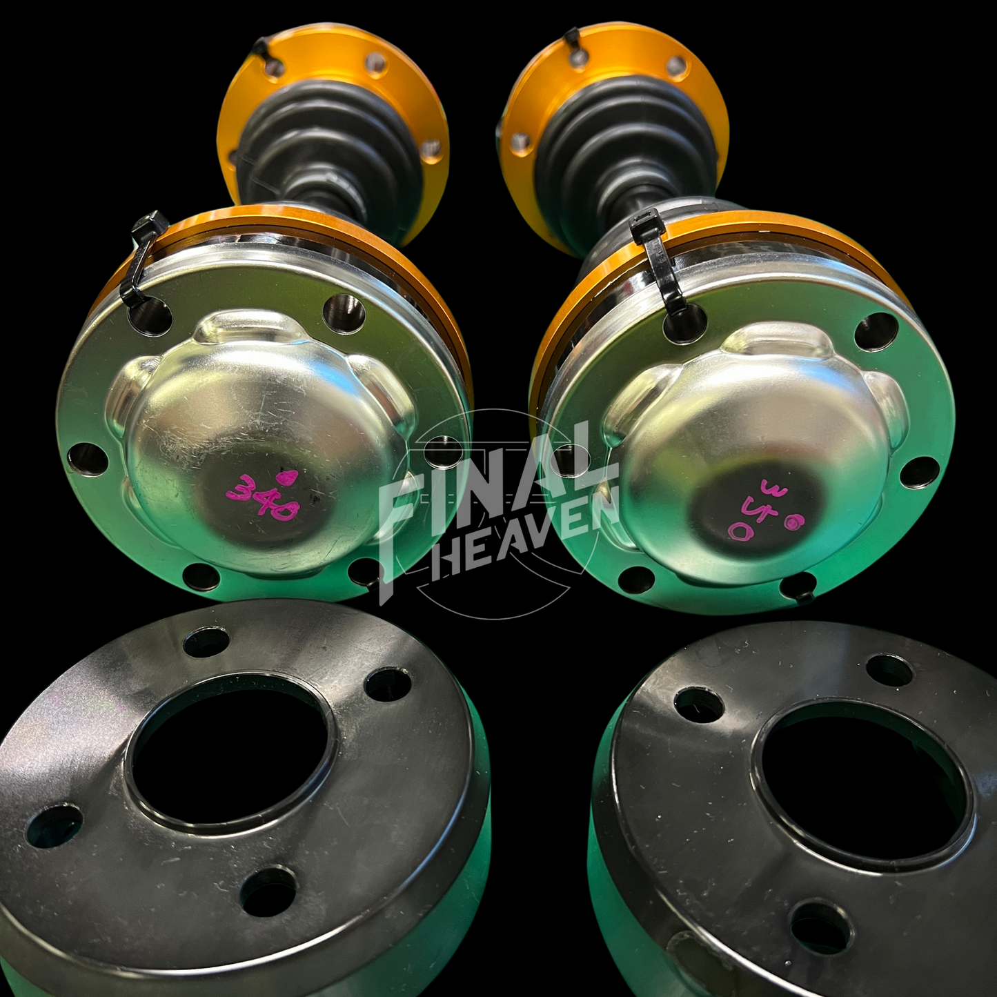 A set of high power CV axles (driveshafts) by ESCORT with accompanying adapters and hardware for Nissan Skyline KGC10 Hakosuka and Datsun 240Z
