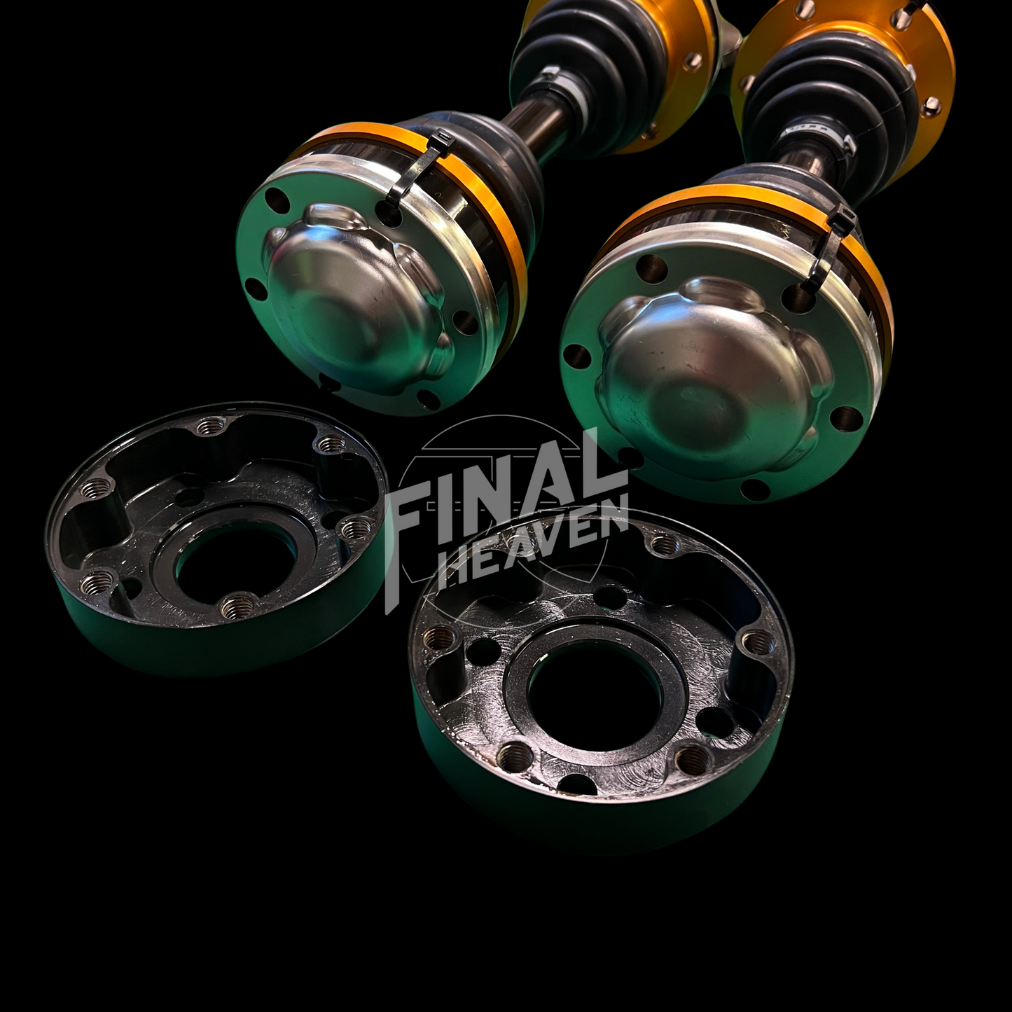 A set of high power CV axles (driveshafts) by ESCORT with accompanying adapters and hardware for Nissan Skyline KGC10 Hakosuka and Datsun 240Z
