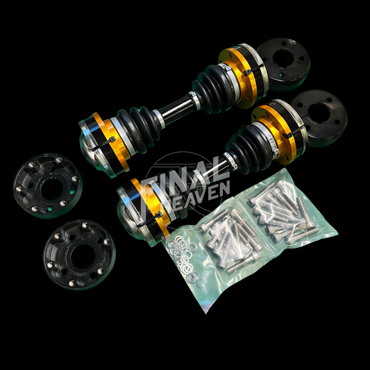 A set of high power CV axles (driveshafts) by ESCORT with accompanying adapters and hardware for Nissan Skyline KGC10 Hakosuka and Datsun 240Z