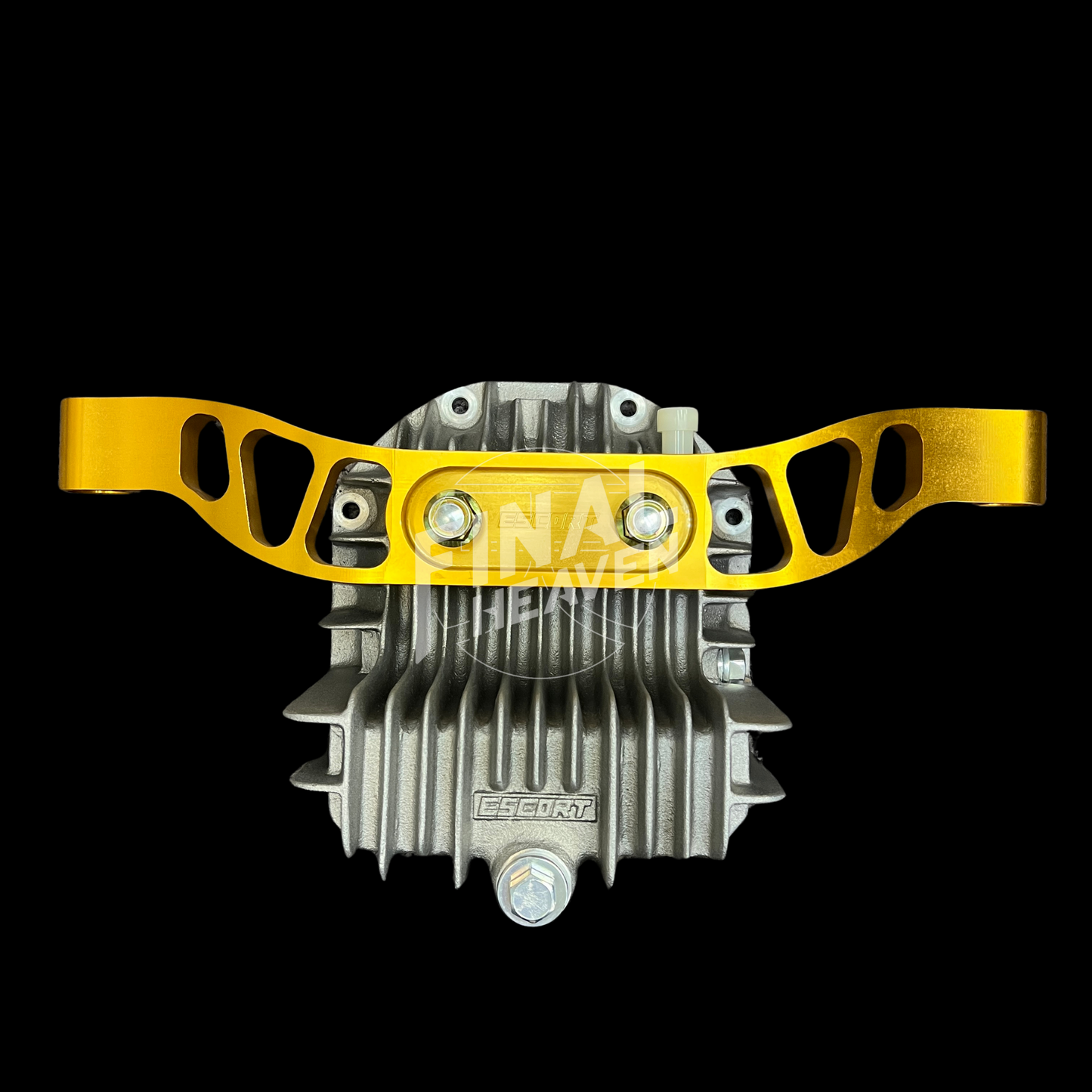 A gold-colored machined aluminum reinforced differential crossmember for Nissan Skyline Hakosuka KGC10 - Escort.