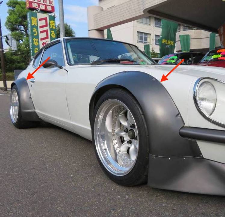A set of Works style fender flares or overfenders for a 240ZG Nissan Fairlady Z S30 or Datsun 240Z produced by Marugen Shokai