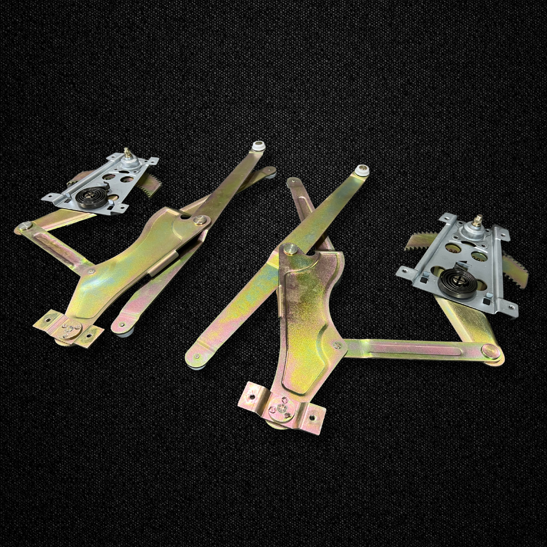 A set of front window manual window regulators for a KGC10 Nissan Skyline 2000GT Hakosuka produced by MSpeed