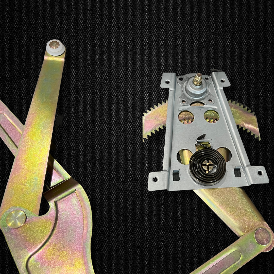 A set of front window manual window regulators for a KGC10 Nissan Skyline 2000GT Hakosuka produced by MSpeed