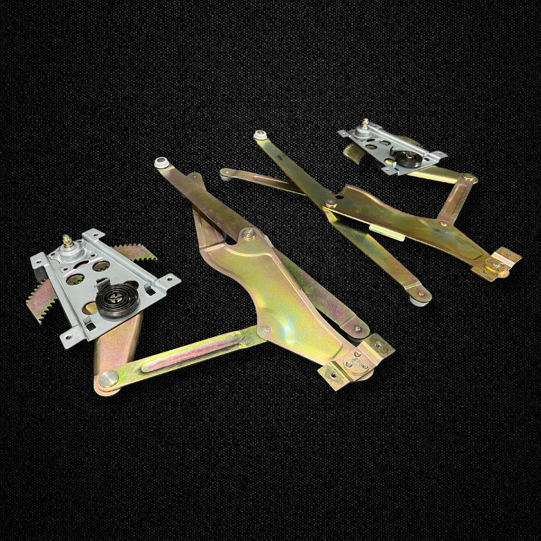A set of front window manual window regulators for a KGC10 Nissan Skyline 2000GT Hakosuka produced by MSpeed