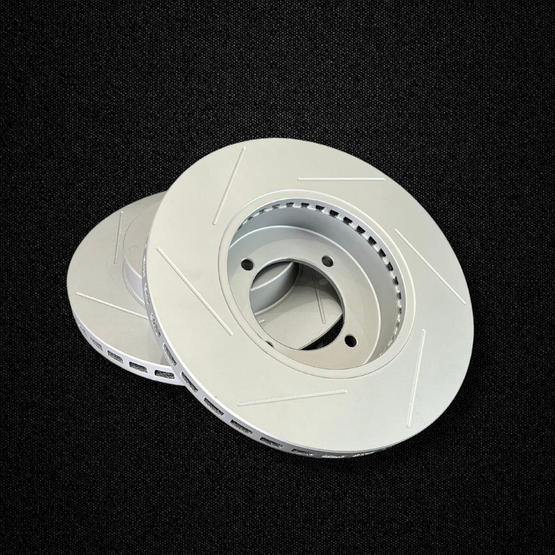A set of 260mm ventilated brake rotors for a KGC10 Nissan Skyline 2000GT Hakosuka with Sumitomo MK63 calipers produced by MSpeed