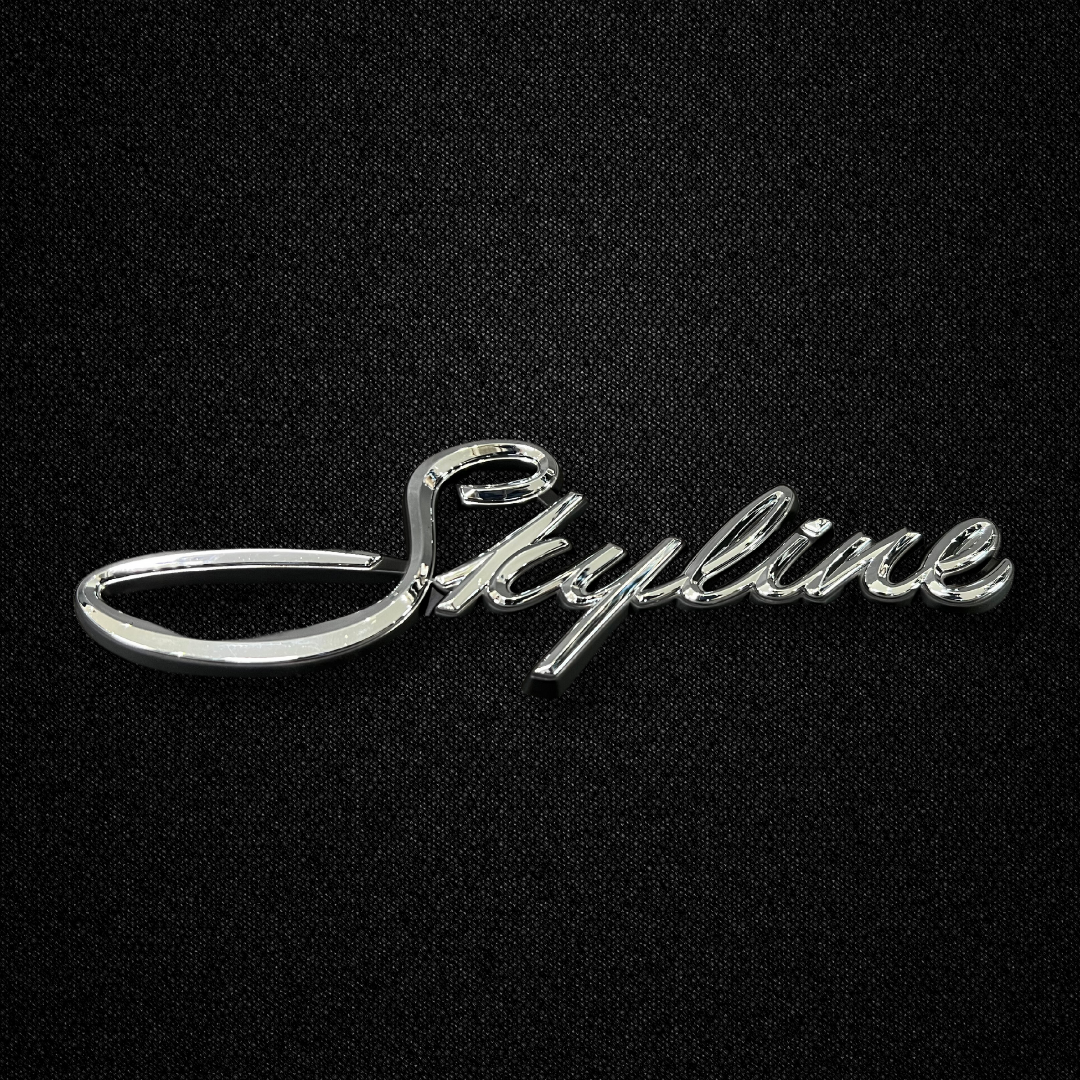 A SKYLINE front fender emblem for a KGC10 Nissan Skyline 2000GT Hakosuka produced by MSpeed