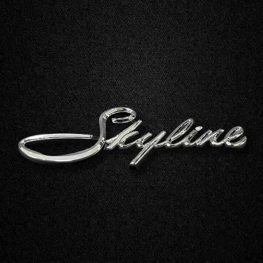 A SKYLINE front fender emblem for a KGC10 Nissan Skyline 2000GT Hakosuka produced by MSpeed