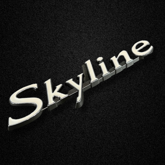 A SKYLINE front fender emblem for a GC10 Nissan Skyline 2000GT Hakosuka produced by MSpeed