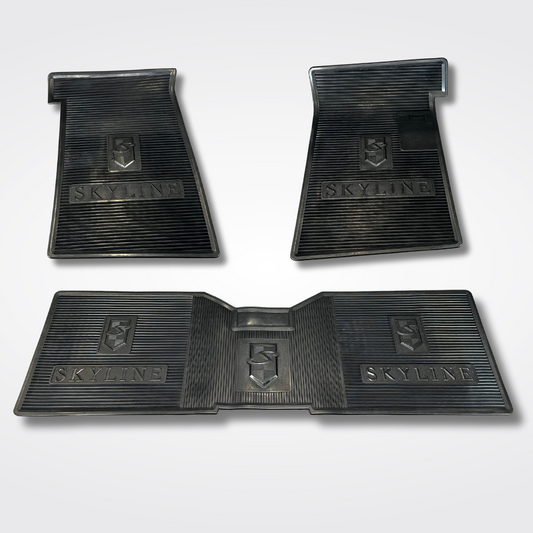 A set of rubber floor mats for a KGC10 Nissan Skyline 2000GT Hakosuka produced by MSpeed