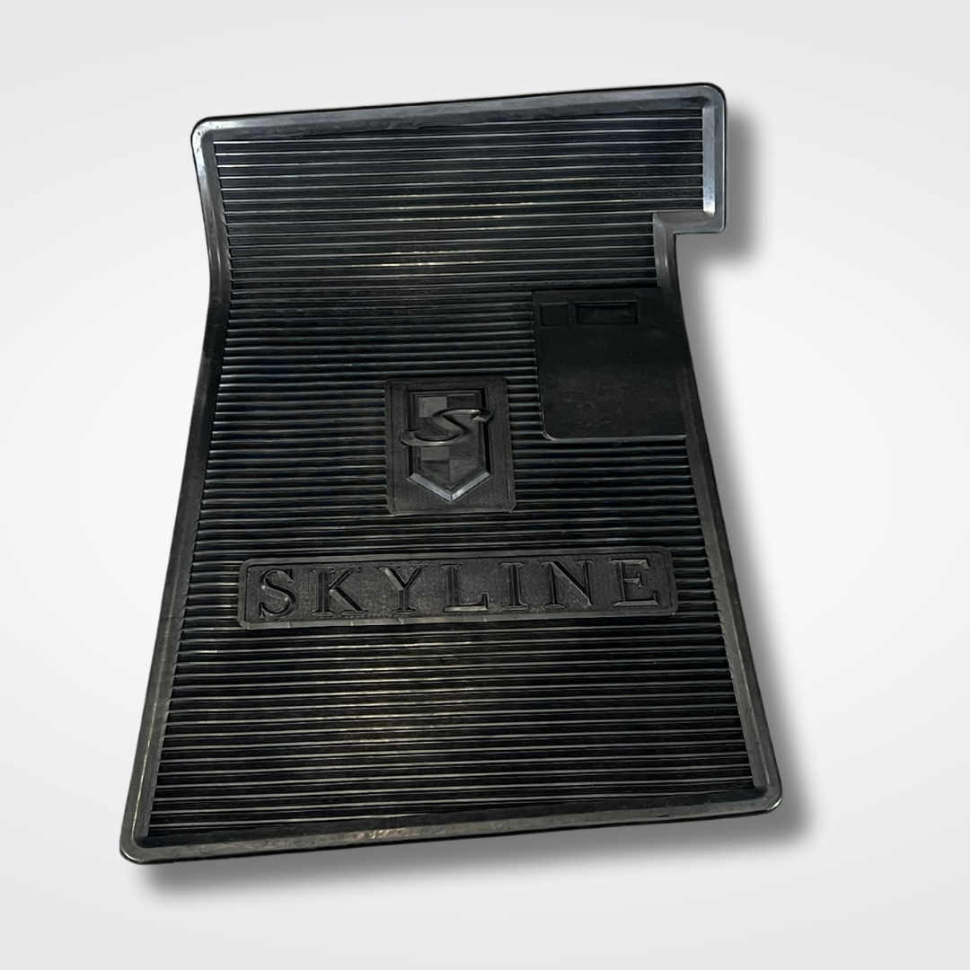 A set of rubber floor mats for a KGC10 Nissan Skyline 2000GT Hakosuka produced by MSpeed