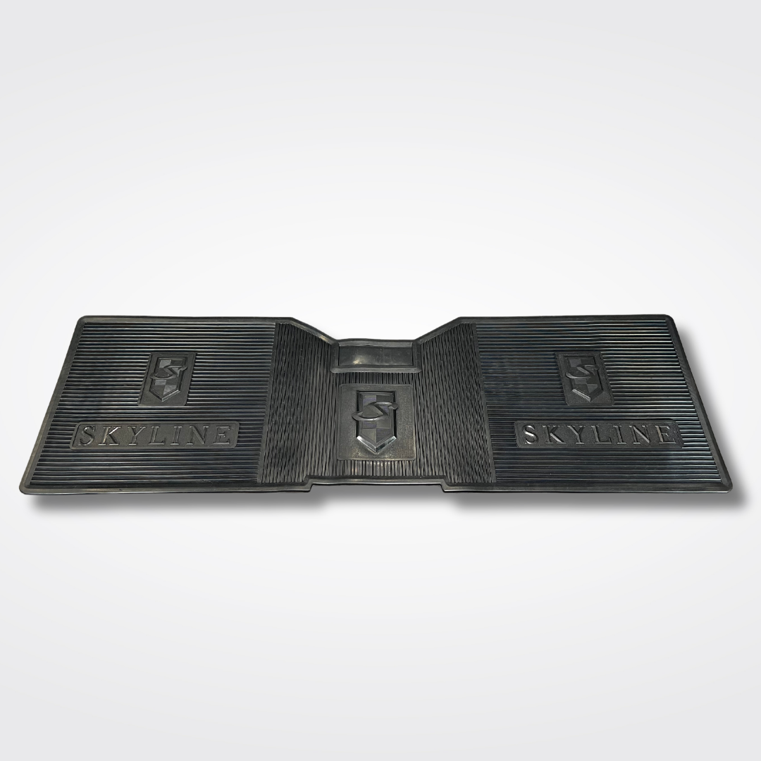 A set of rubber floor mats for a KGC10 Nissan Skyline 2000GT Hakosuka produced by MSpeed
