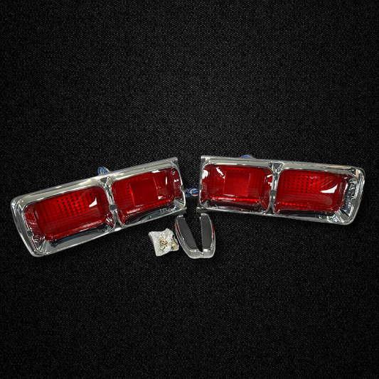 A set of split tail light units for a KGC10 Nissan Skyline 2000GT Hakosuka produced by MSpeed