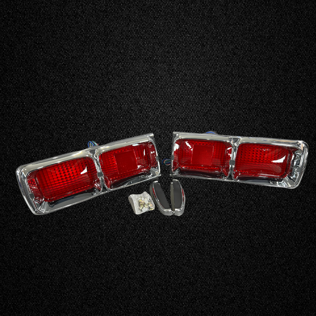 A set of split tail light units for a KGC10 Nissan Skyline 2000GT Hakosuka produced by MSpeed