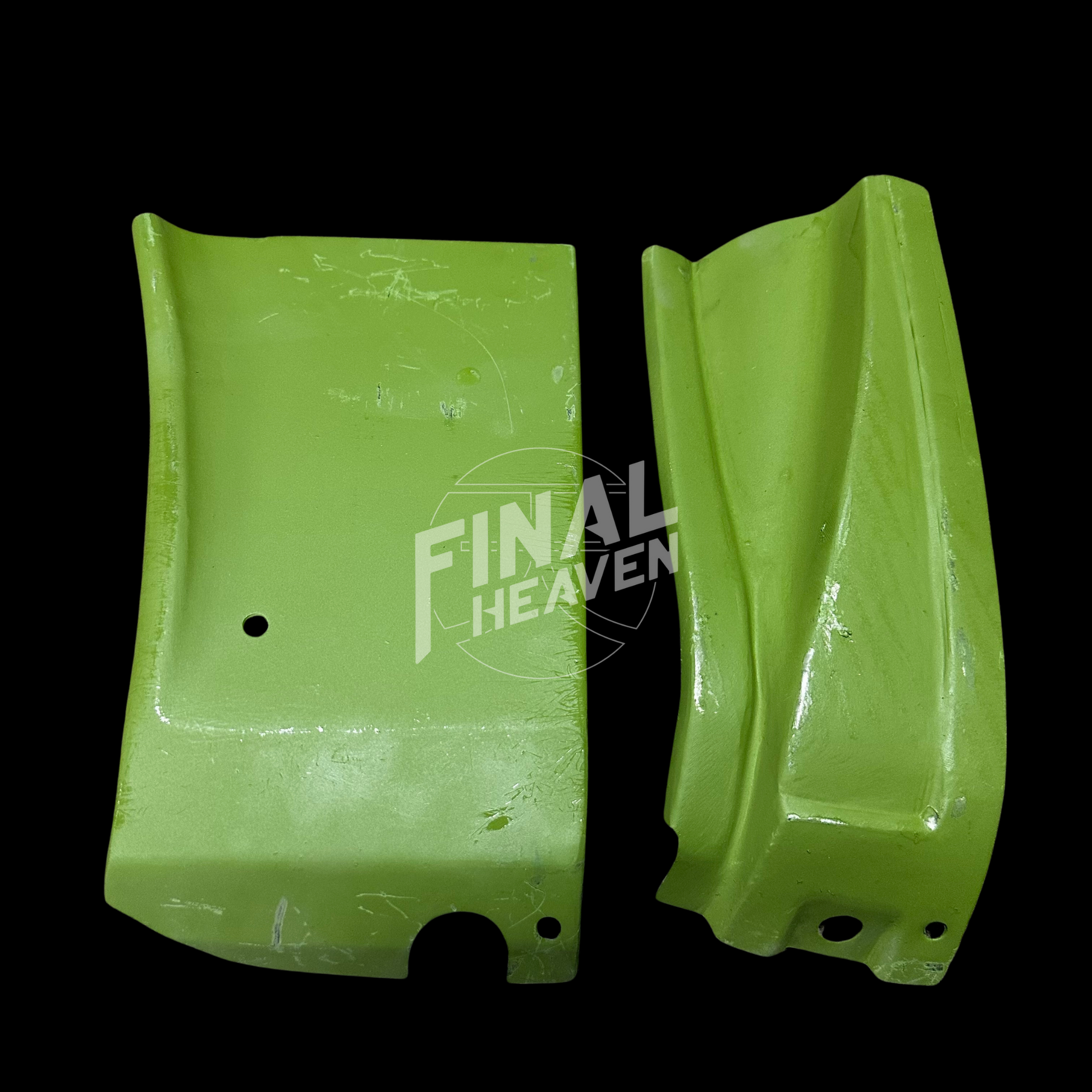 A set of lower front fender rust repair panels for a Datsun 510 2 door sedan or Nissan Bluebird SSS Coupe produced by KF Vintage JDM