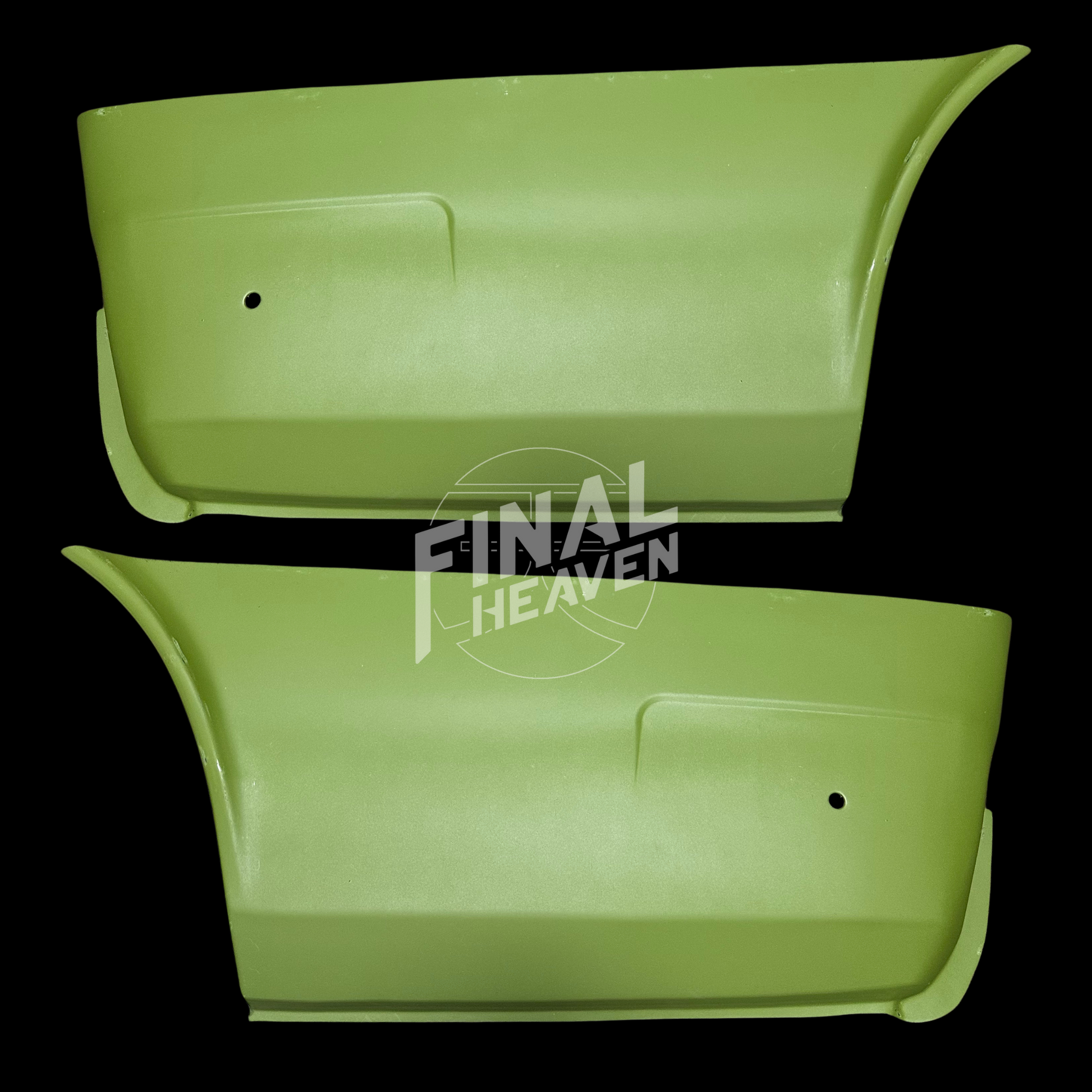 A set of rear bumper side outer rust repair panels for a Datsun 510 2 door sedan or Nissan Bluebird SSS Coupe produced by KF Vintage JDM