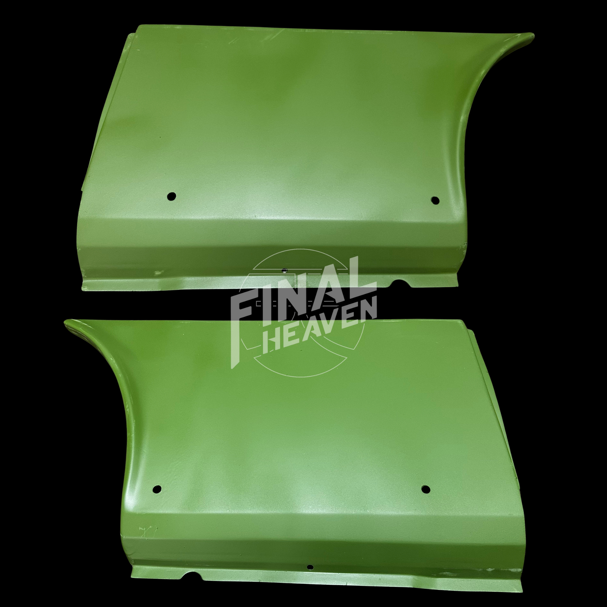 A set of rear dogleg rust repair panels for a Datsun 510 2 door sedan or Nissan Bluebird SSS Coupe produced by KF Vintage JDM