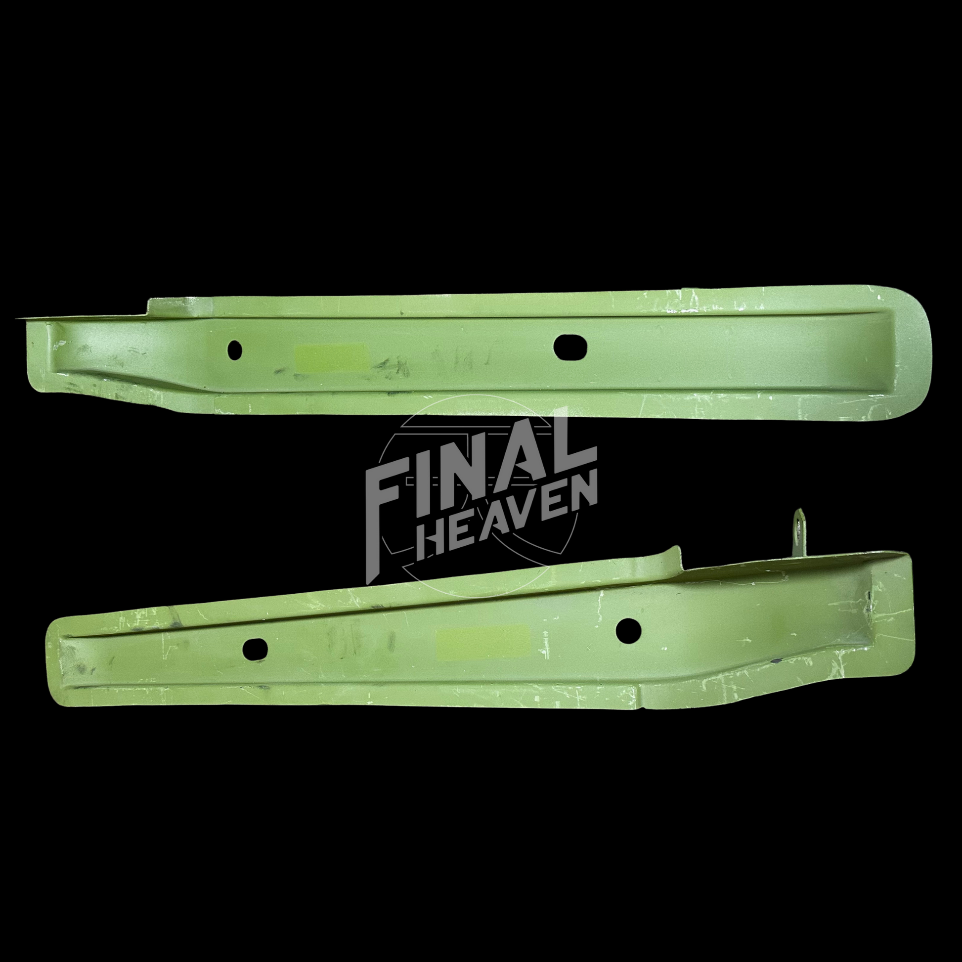 A set of rear frame rail rust repair panels for a Datsun 510 2 door sedan or Nissan Bluebird SSS Coupe produced by KF Vintage JDM