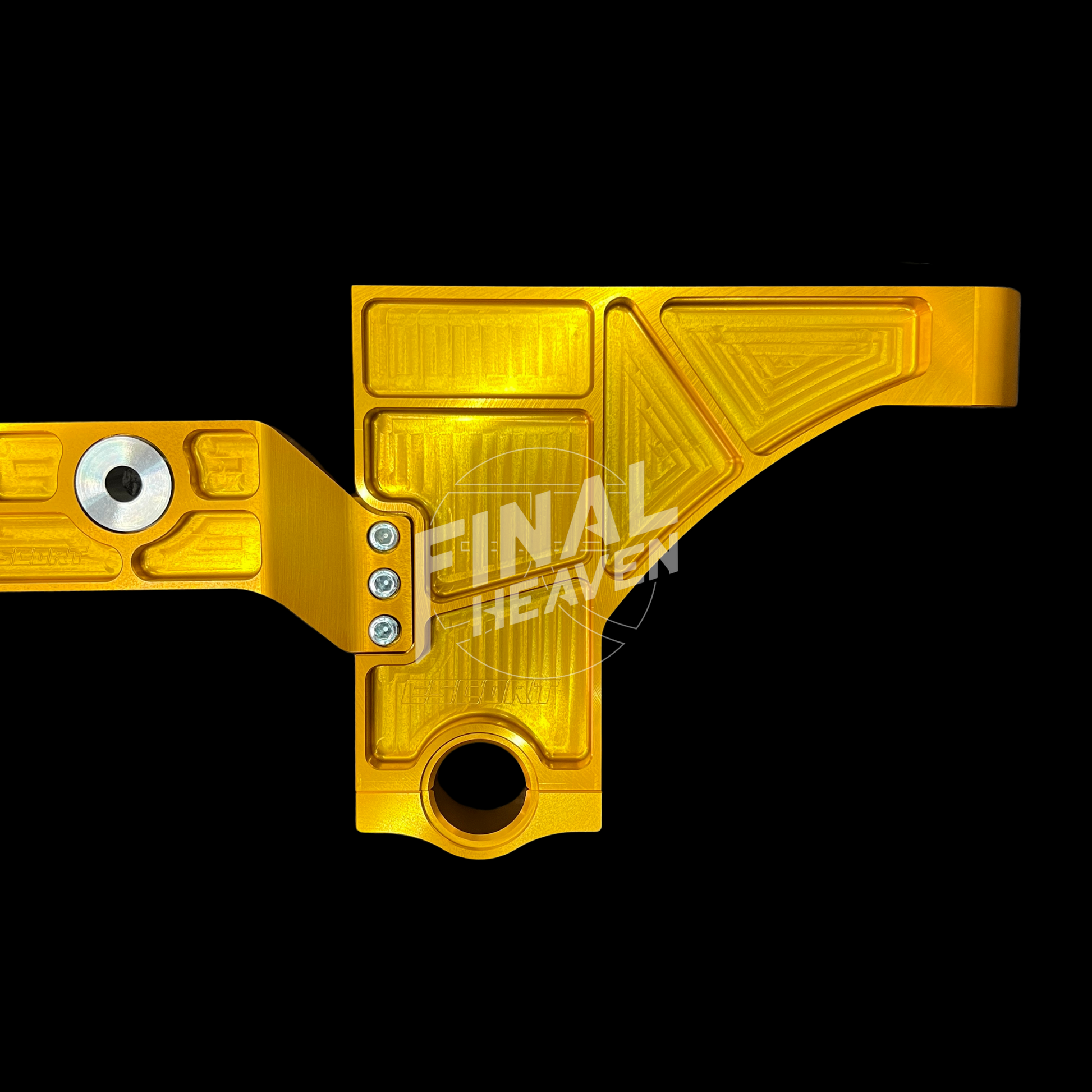 A gold-colored machined aluminum reinforced differential crossmember for Datsun 240Z 260Z or 280Z - Escort.
